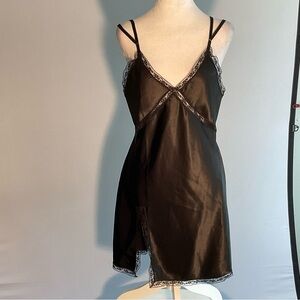 Sexy Shop Michella Small Black Satin Slip Dress Lace Slit Accents Elastic Straps